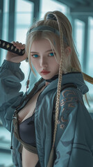 Wall Mural - Beautiful blonde with blue eyes stands with a katana in her hands