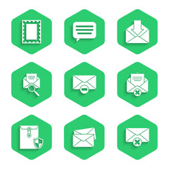 Poster - Set Delete envelope, Envelope, with shield, magnifying glass, and Postal stamp icon. Vector