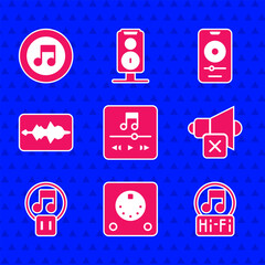 Poster - Set Music player, Drum machine, note, tone, Speaker mute, Pause button, wave equalizer, and icon. Vector
