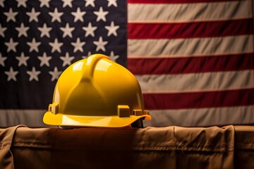 yellow construction hard helmet and american flag