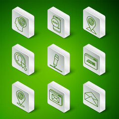 Fototapete - Set line Envelope, Website and envelope, Mail e-mail, Pencil with eraser, Create account screen, Chat messages notification on phone, Location and template icon. Vector
