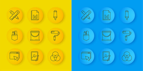Poster - Set line Web design and development, Crossed ruler pencil, Paint bucket, RGB CMYK color mixing, roller brush, Marker and ID File document icon. Vector