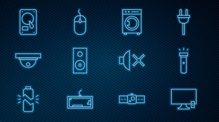 Poster - Set line Smart Tv, Flashlight, Washer, Stereo speaker, Motion sensor, Hard disk drive HDD, Speaker mute and Computer mouse icon. Vector