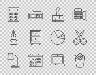Poster - Set line Table lamp, Full trash can, Binder clip, Calendar, Calculator, Drawer with documents, Laptop and Scissors icon. Vector