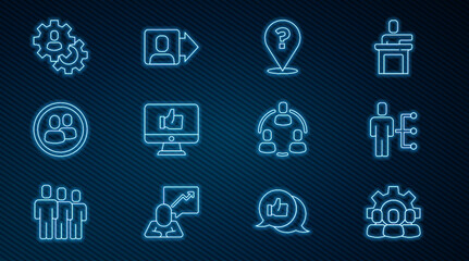Poster - Set line Project team base, User of man in business suit, Question mark, Hand like, Head hunting, and Team leader icon. Vector