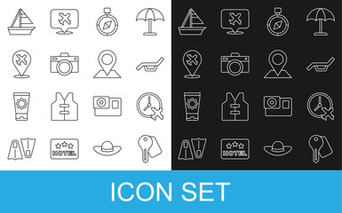 Sticker - Set line Hotel door lock key, Clock with airplane, Sunbed and umbrella, Compass, Photo camera, Plane, Yacht sailboat and Location icon. Vector