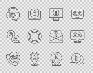 Poster - Set line Telephone 24 hours support, Information, Monitor with information, Location, Headphones, Lifebuoy, question mark and Question and Answer icon. Vector