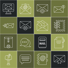 Poster - Set line Envelope with star, Document and pen, Postal stamp, Received message concept, Delete envelope, Express, Monitor and icon. Vector