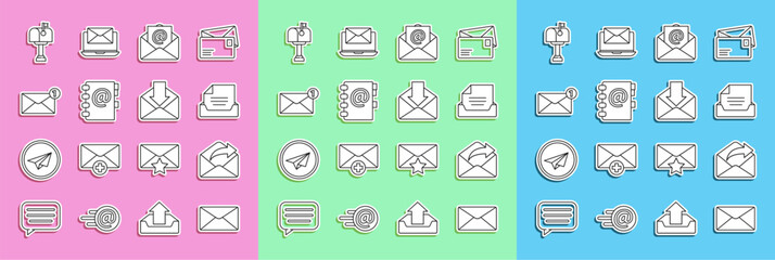 Poster - Set line Envelope, Outgoing mail, Drawer with document, Mail and e-mail, Address book, box and icon. Vector
