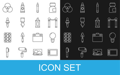 Poster - Set line Graphic tablet, Light bulb, Exhibition of paintings, Wax crayons for drawing, Palette knife, Pipette, RGB and CMYK color mixing and Marker pen icon. Vector