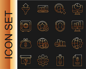 Poster - Set line Contract money, Globe of the Earth and gear, Monitor with graph chart, User man in business suit, Star, Safe, Sales funnel arrows and protection icon. Vector