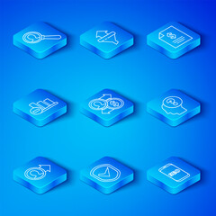 Poster - Set line Job promotion, exchange money, Shield with check mark, Human head question, Contract, Pie chart infographic, Magnifying glass for search people and Mobile phone SEO optimization icon. Vector