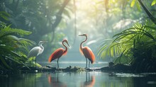 Scarlet Ibises Stand Alongside An Egret, Contrasting In Color Amidst The Lush Greenery Of A Serene Tropical Wetland.