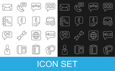 Poster - Set line Telephone handset with shield, Hello in different languages, Headphoneswith settings, Speech bubble chat, Information, Phone book, Mail e-mail and icon. Vector