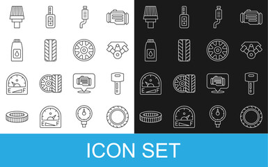Poster - Set line Car tire wheel, key with remote, Power car engine, muffler, Canister for motor machine oil, air filter and Alloy icon. Vector