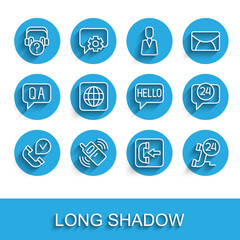 Poster - Set line Telephone handset, Mobile, Headphones with question, Incoming call, 24 hours support, Worldwide, and Hello different languages icon. Vector
