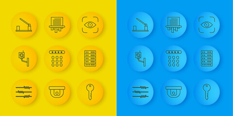 Poster - Set line Barbed wire, Security camera, Password protection, Key, Server, Data, Web Hosting, Parking car barrier, Eye scan and Paper shredder icon. Vector