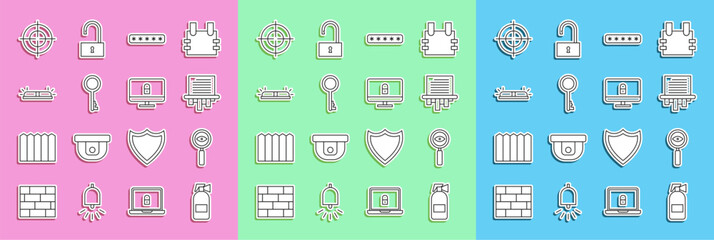 Poster - Set line Fire extinguisher, Magnifying glass Search, Paper shredder, Password protection, Old key, Flasher siren, Target sport and Lock computer monitor icon. Vector