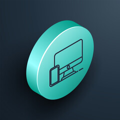 Poster - Isometric line Computer monitor and mobile phone icon isolated on black background. Earnings in the Internet, marketing. Turquoise circle button. Vector