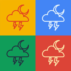 Poster - Pop art line Storm icon isolated on color background. Cloud with lightning and moon sign. Weather icon of storm. Vector