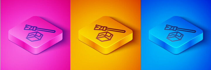 Poster - Isometric line Isometric cube icon isolated on pink and orange, blue background. Geometric cubes solid icon. 3D square sign. Box symbol. Square button. Vector