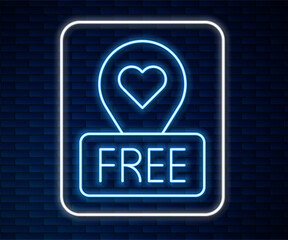 Poster - Glowing neon line Map pointer with heart icon isolated on brick wall background. Valentines day. Love location. Romantic map pin. Vector