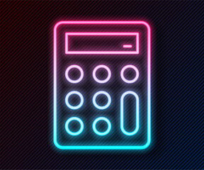 Poster - glowing neon line calculator icon isolated on black background. accounting symbol. business calculat