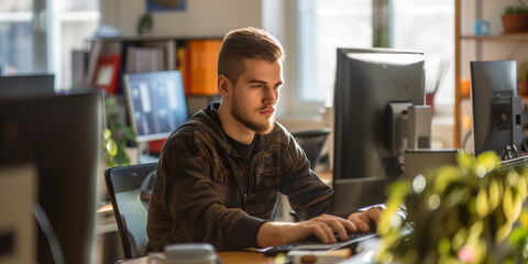 Wall Mural - young handsome man working at the office front of the computer