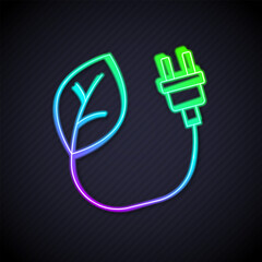 Poster - Glowing neon line Electric saving plug in leaf icon isolated on black background. Save energy electricity. Environmental protection. Bio energy. Vector