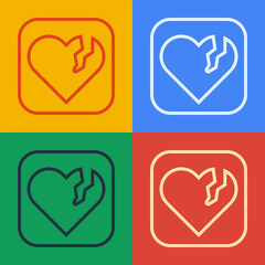 Poster - Pop art line Broken heart or divorce icon isolated on color background. Love symbol. Happy Valentines day. Vector