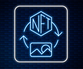 Poster - Glowing neon line NFT Digital crypto art icon isolated on brick wall background. Non fungible token. Vector