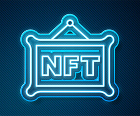 Poster - Glowing neon line NFT Digital crypto art icon isolated on blue background. Non fungible token. Vector