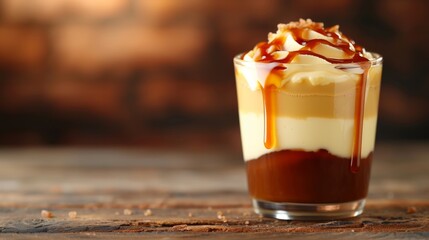 Sticker - A luscious butterscotch pudding served in a glass, drizzled with caramel sauce