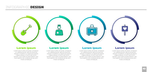 Wall Mural - Set Shovel, Male doctor, First aid kit and Location with heart. Business infographic template. Vector