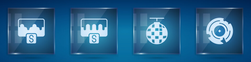 Poster - Set Music wave equalizer, , Disco ball and Vinyl disk. Square glass panels. Vector