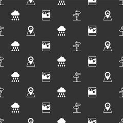 Aufkleber - Set Road traffic sign, Picnic location, Cloud with rain and Glass of whiskey ice on seamless pattern. Vector