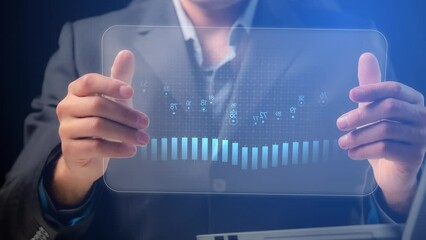Poster - Footage for an economic or financial blog. On a transparent screen in the hands of a businessman, charts and digital indicators move over Chinese candlesticks. Cg