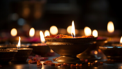 Sticker - Glowing diya illuminates tranquil Hindu ceremony, symbolizing love and spirituality generated by AI