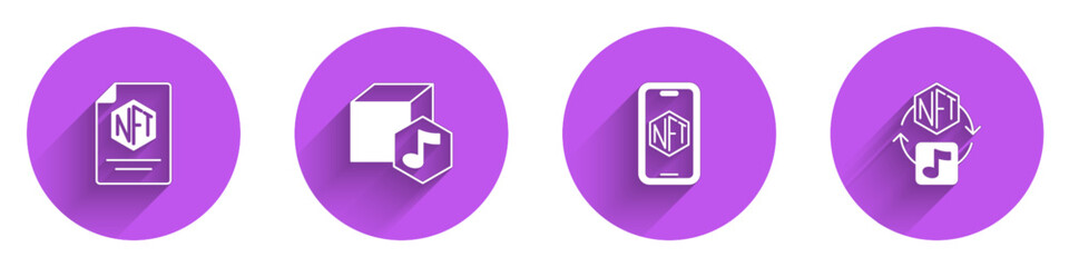 Poster - Set NFT contract, Digital crypto art, Mobile with store app and icon with long shadow. Vector