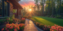  Landscape Design Ideas For Green Garden A Sunset, Residential House Backyard Background. Medern House Eksterior
