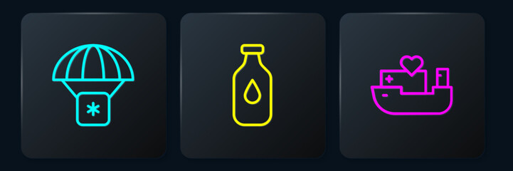 Poster - Set line Humanitarian aid, ship and Bottle of water. Black square button. Vector