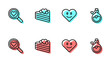 Set line Heart, Search heart and love, Wedding cake and Bottle with potion icon. Vector