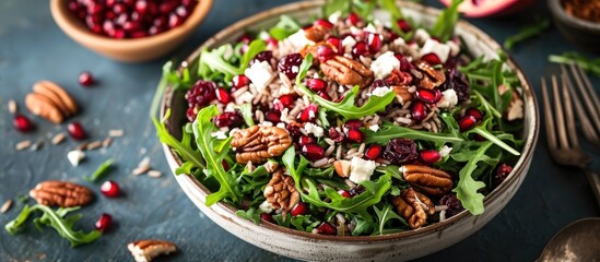 Wall Mural - Wild rice arugula salad with pomegranate, pecan nuts, cranberries, and feta cheese.