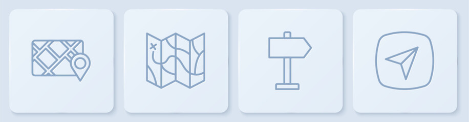 Poster - Set line Gps device with map, Road traffic sign, Folded and City navigation. White square button. Vector