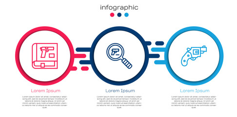 Set line Book with pistol or gun, Pistol search and Small revolver. Business infographic template. Vector