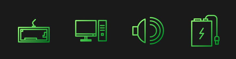 Poster - set line speaker volume, keyboard, computer monitor and power bank with charge cable. gradient color