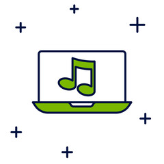 Poster - Filled outline Laptop with music note symbol on screen icon isolated on white background. Vector