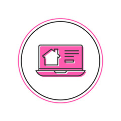 Poster - Filled outline Online real estate house on laptop icon isolated on white background. Home loan concept, rent, buy, buying a property. Vector