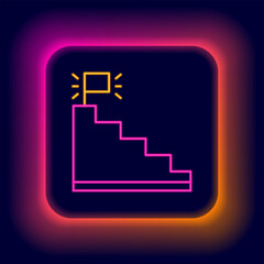 Wall Mural - Glowing neon line Stair with finish flag icon isolated on black background. Career growth business concept. Concept of business development. Colorful outline concept. Vector