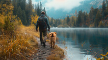 A Man And His Dog Exploring A Tranquil Lakeside Trail, The Dog Excitedly Leading The Way
